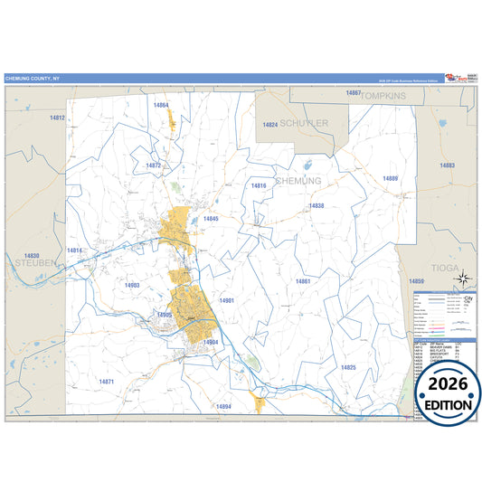 Chemung County, NY Business Reference 5 Digit ZIP Code Wall Map
