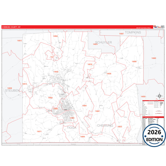 Chemung County, NY Red Line 5 Digit ZIP Code Wall Map