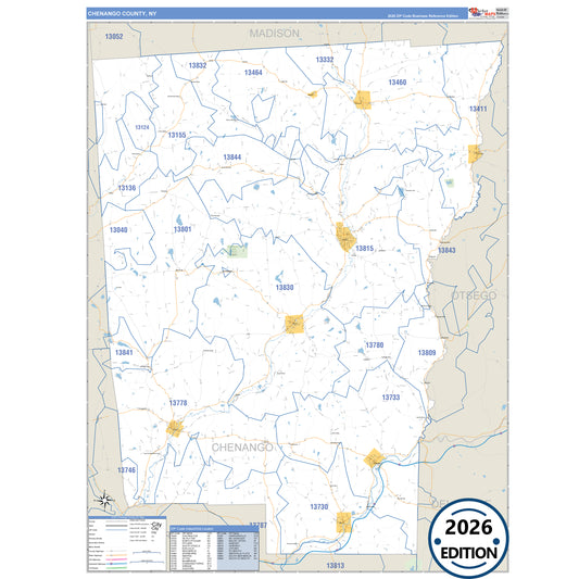 Chenango County, NY Business Reference 5 Digit ZIP Code Wall Map