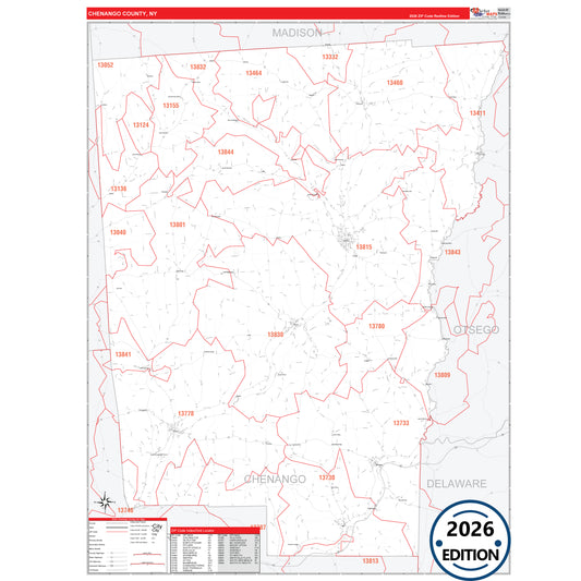Chenango County, NY Red Line 5 Digit ZIP Code Wall Map