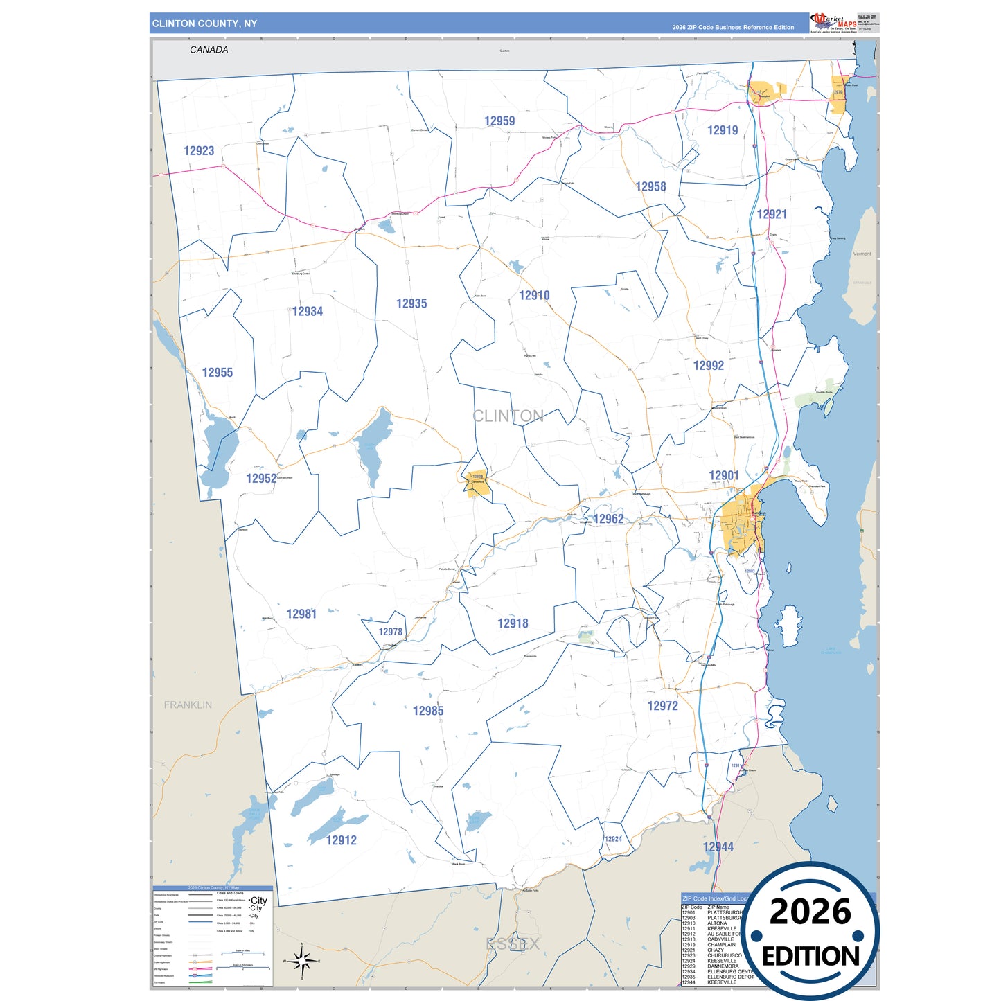 Clinton County, NY Business Reference 5 Digit ZIP Code Wall Map