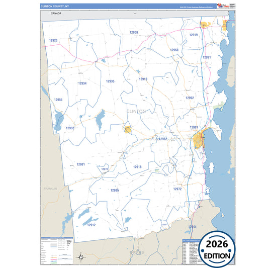 Clinton County, NY Business Reference 5 Digit ZIP Code Wall Map