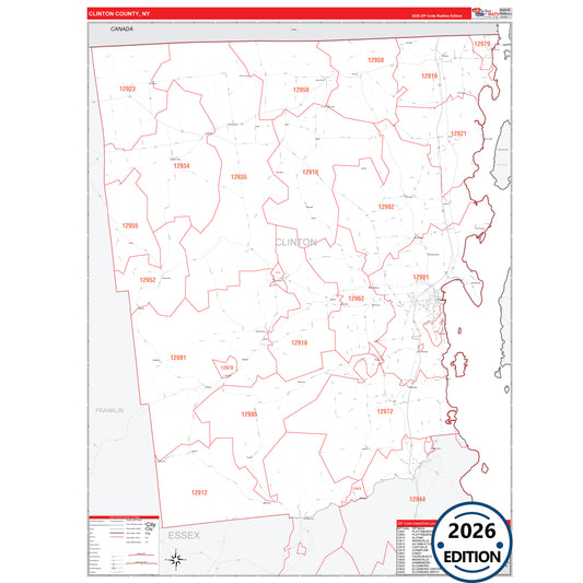 Clinton County, NY Red Line 5 Digit ZIP Code Wall Map