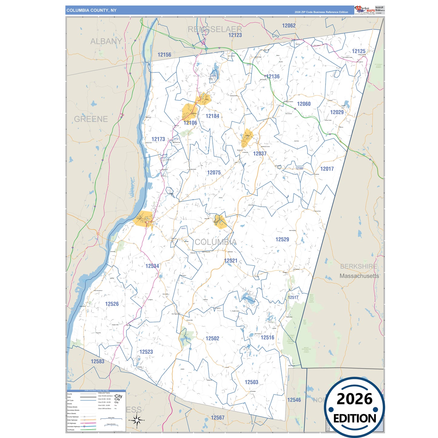 Columbia County, NY Business Reference 5 Digit ZIP Code Wall Map