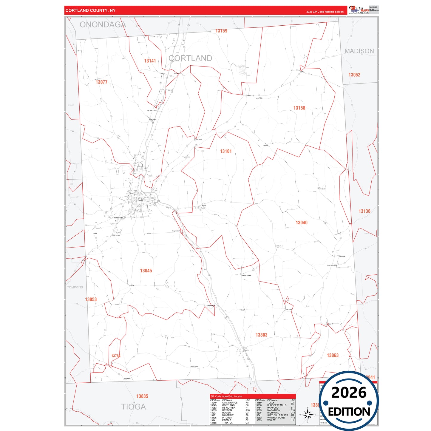 Cortland County, NY Red Line 5 Digit ZIP Code Wall Map