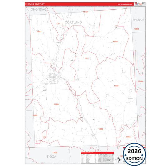 Cortland County, NY Red Line 5 Digit ZIP Code Wall Map