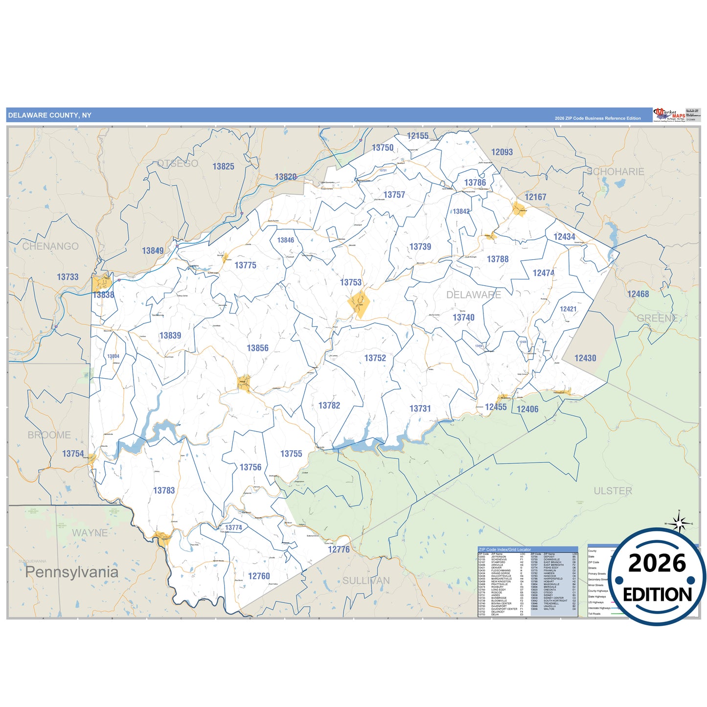 Delaware County, NY Business Reference 5 Digit ZIP Code Wall Map