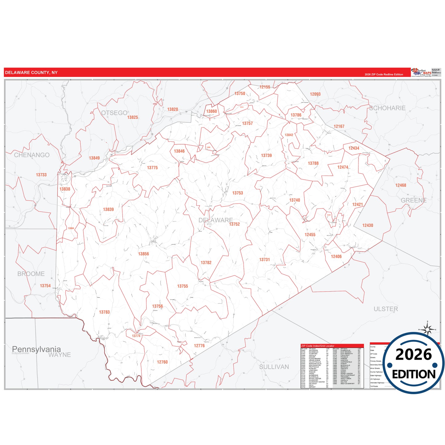Delaware County, NY Red Line 5 Digit ZIP Code Wall Map