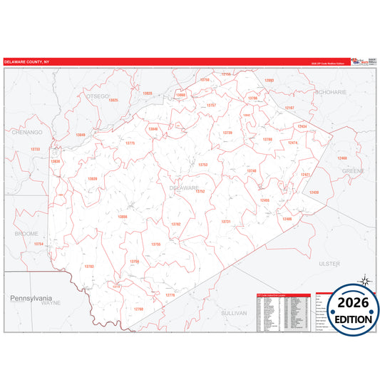 Delaware County, NY Red Line 5 Digit ZIP Code Wall Map
