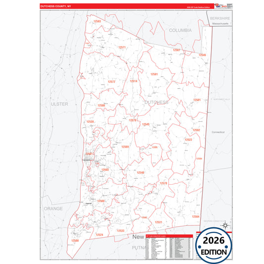 Dutchess County, NY Red Line 5 Digit ZIP Code Wall Map
