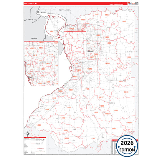 Erie County, NY Red Line 5 Digit ZIP Code Wall Map