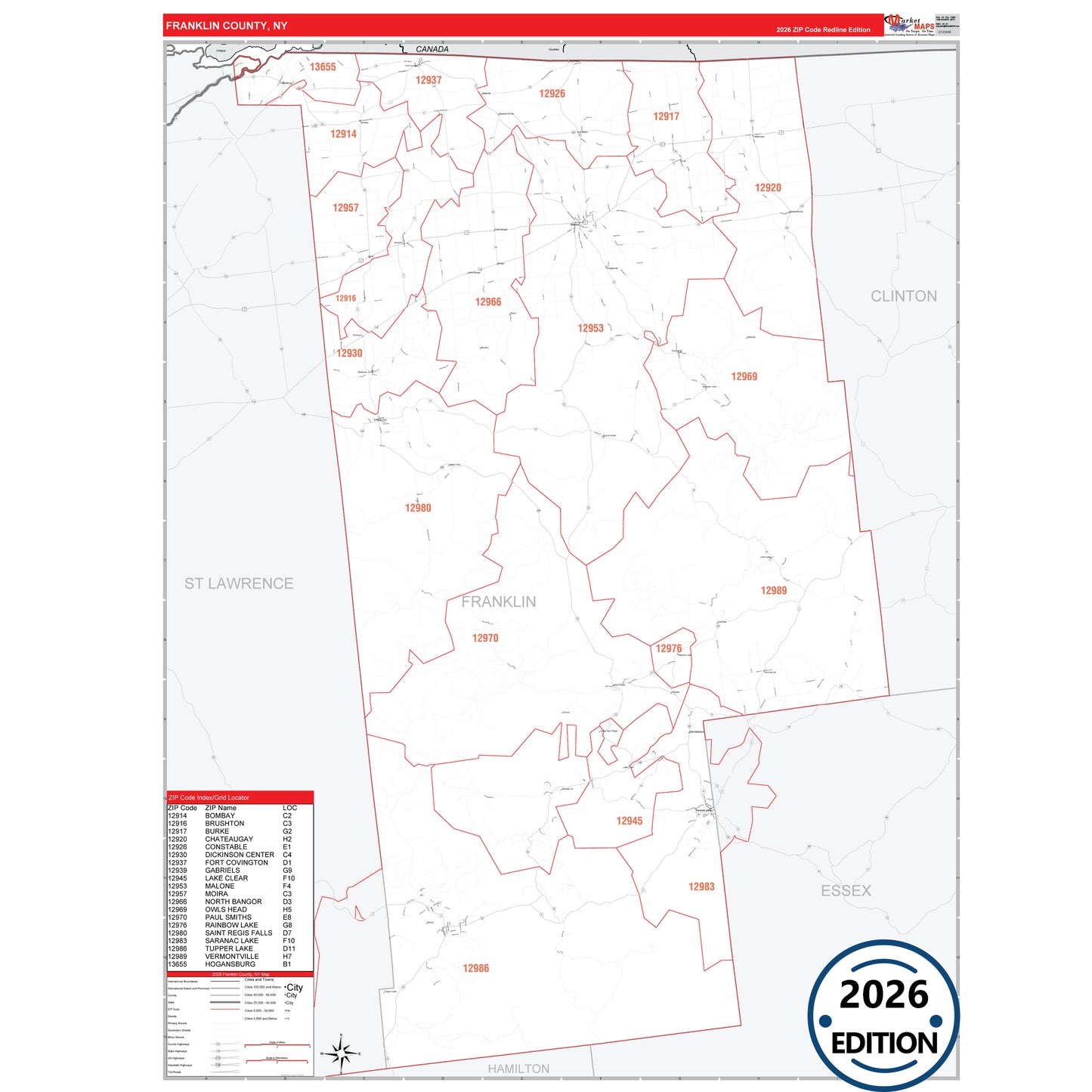 Franklin County, NY Red Line 5 Digit ZIP Code Wall Map