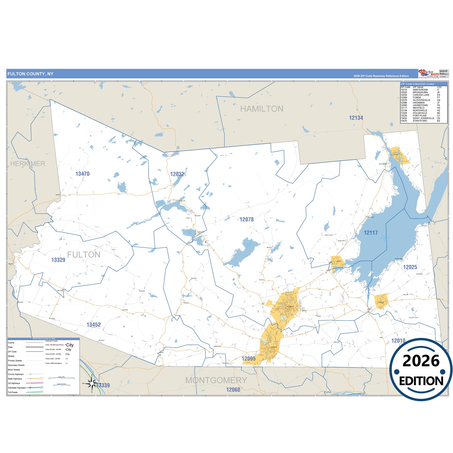Fulton County, NY Business Reference 5 Digit ZIP Code Wall Map