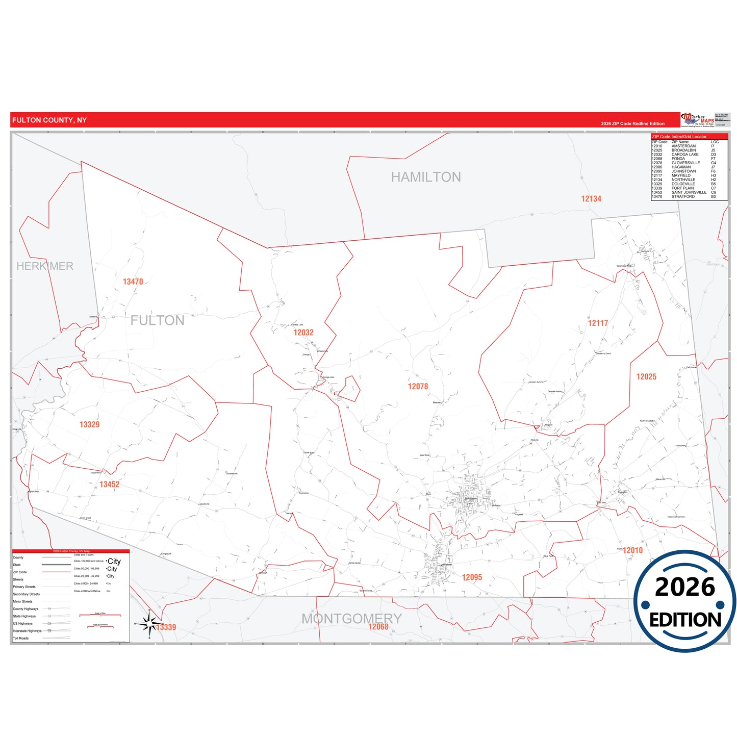 Fulton County, NY Red Line 5 Digit ZIP Code Wall Map