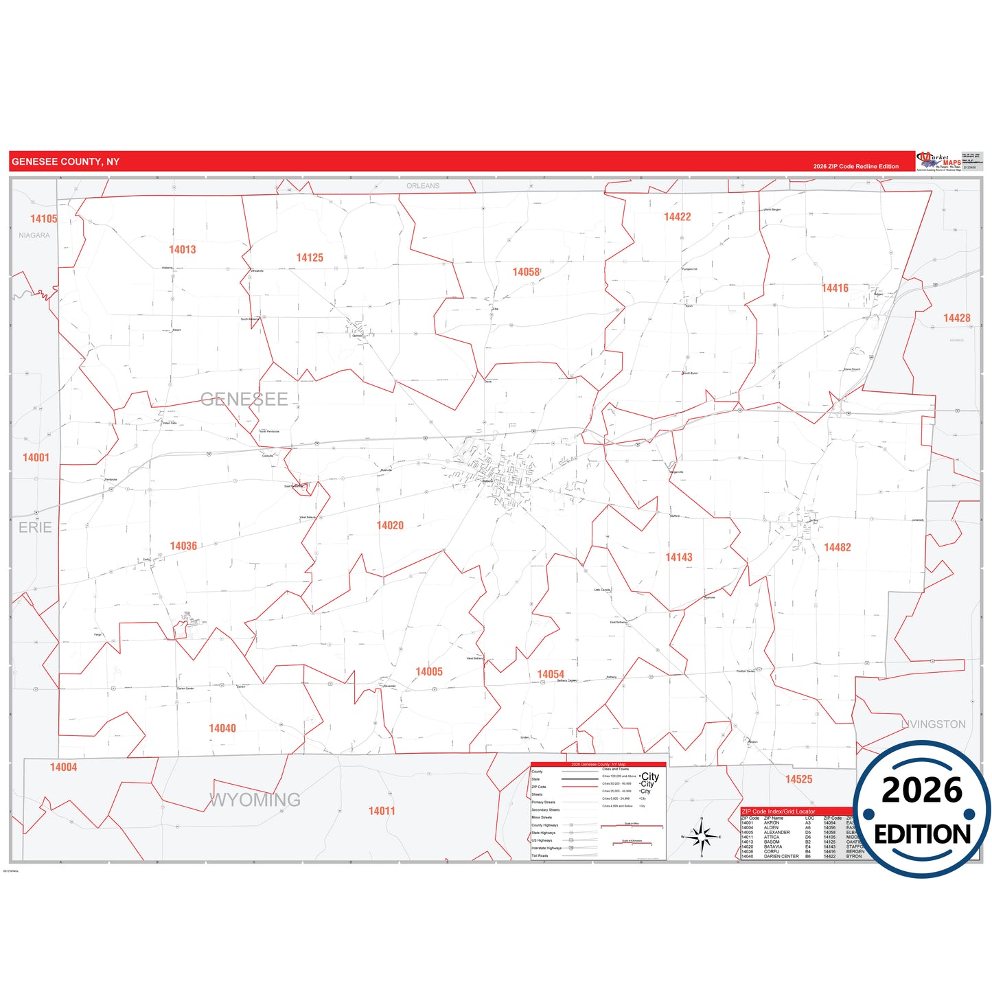 Genesee County, NY Red Line 5 Digit ZIP Code Wall Map
