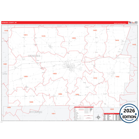 Genesee County, NY Red Line 5 Digit ZIP Code Wall Map