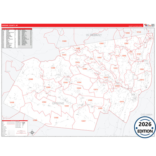 Greene County, NY Red Line 5 Digit ZIP Code Wall Map