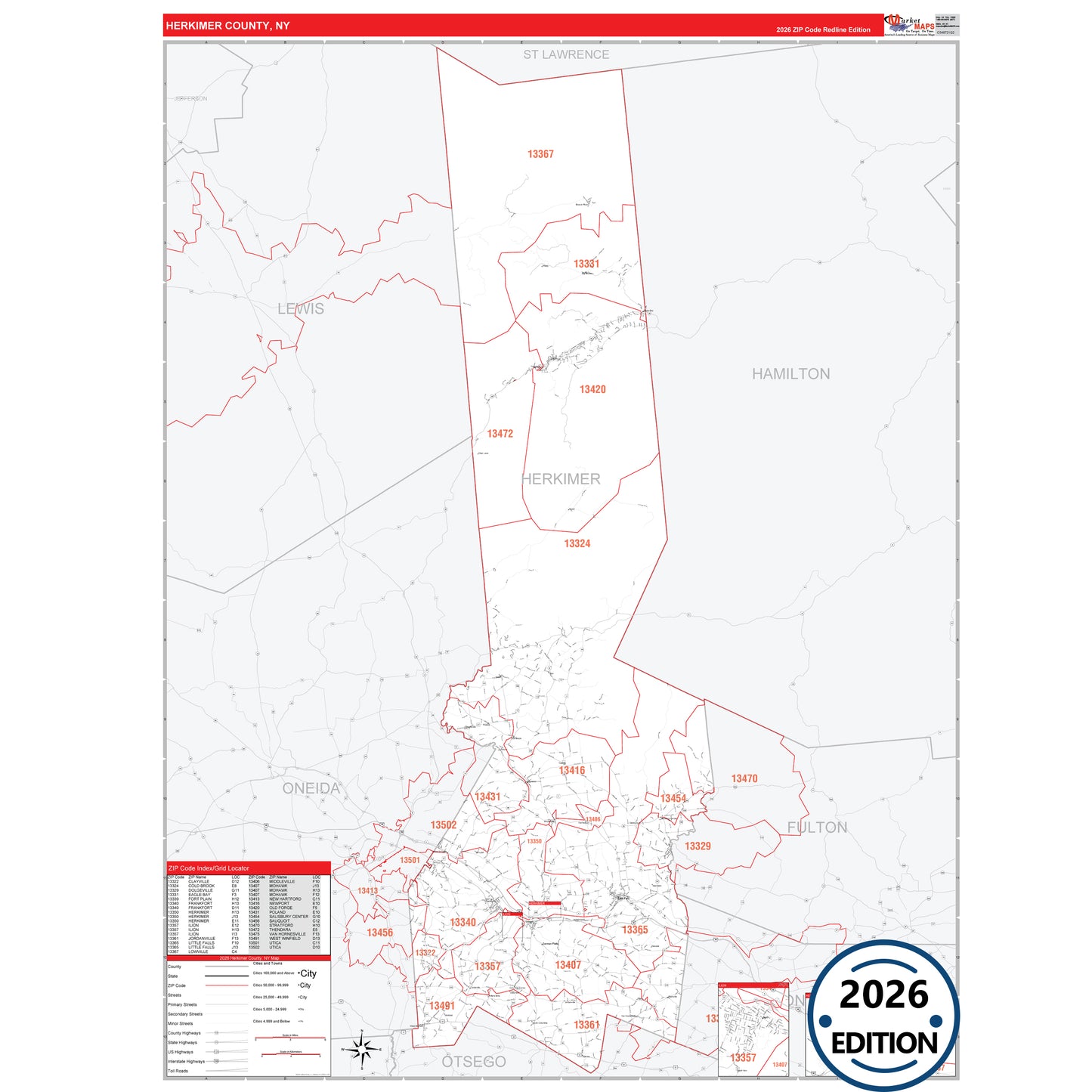 Herkimer County, NY Red Line 5 Digit ZIP Code Wall Map