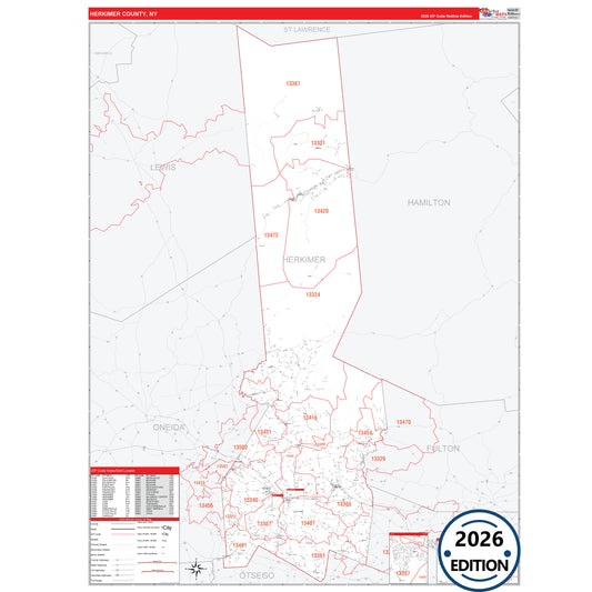 Herkimer County, NY Red Line 5 Digit ZIP Code Wall Map
