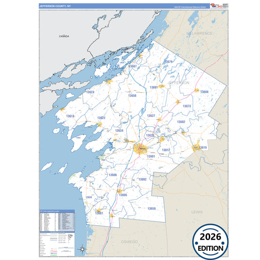 Jefferson County, NY Business Reference 5 Digit ZIP Code Wall Map