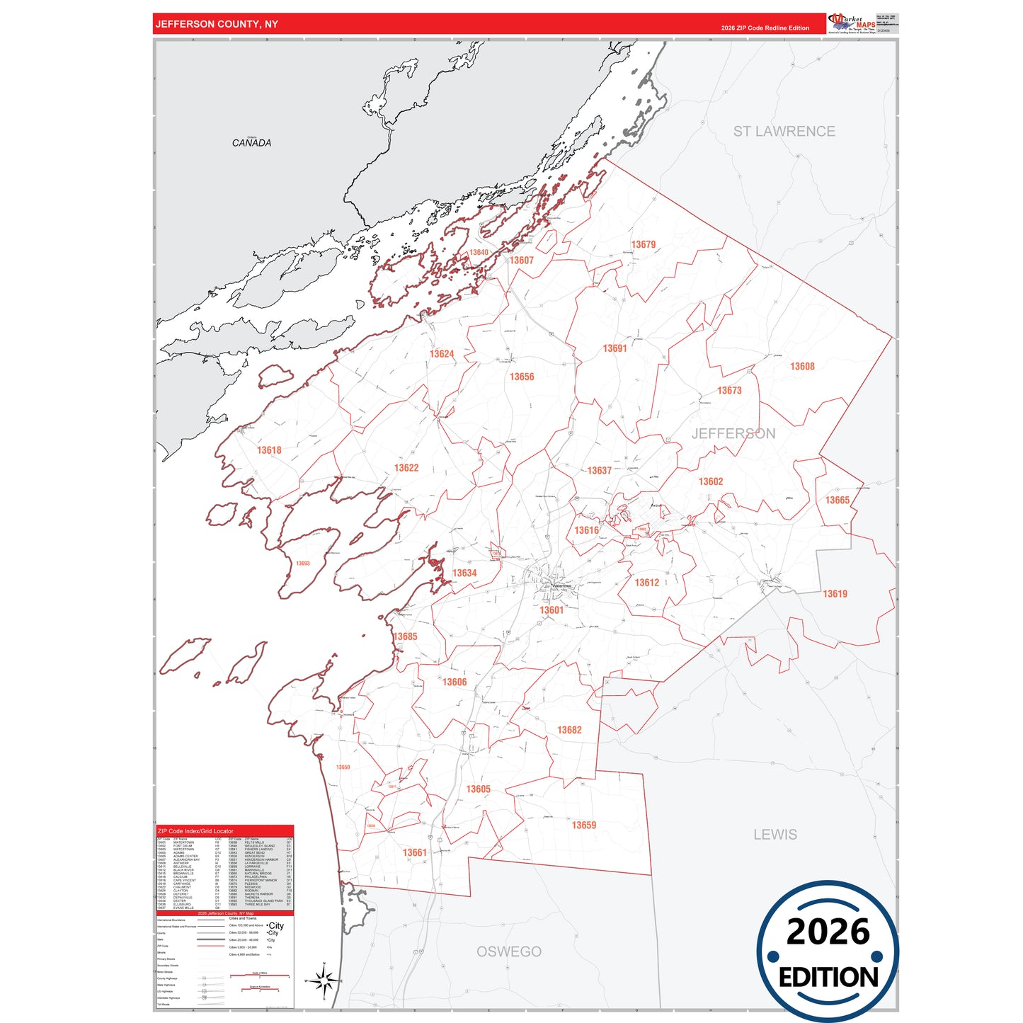 Jefferson County, NY Red Line 5 Digit ZIP Code Wall Map