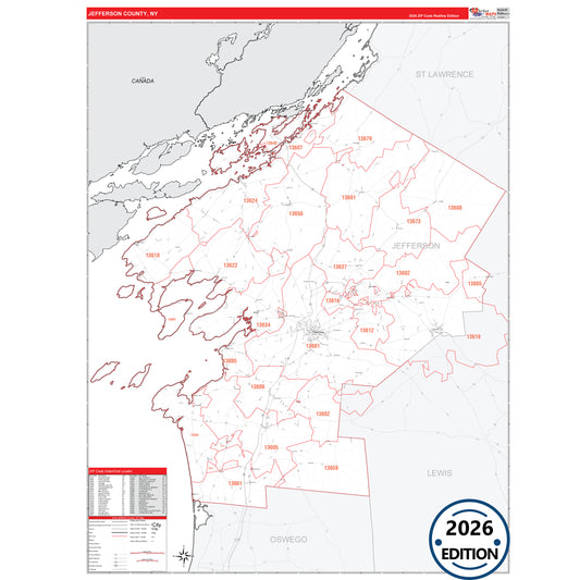 Jefferson County, NY Red Line 5 Digit ZIP Code Wall Map