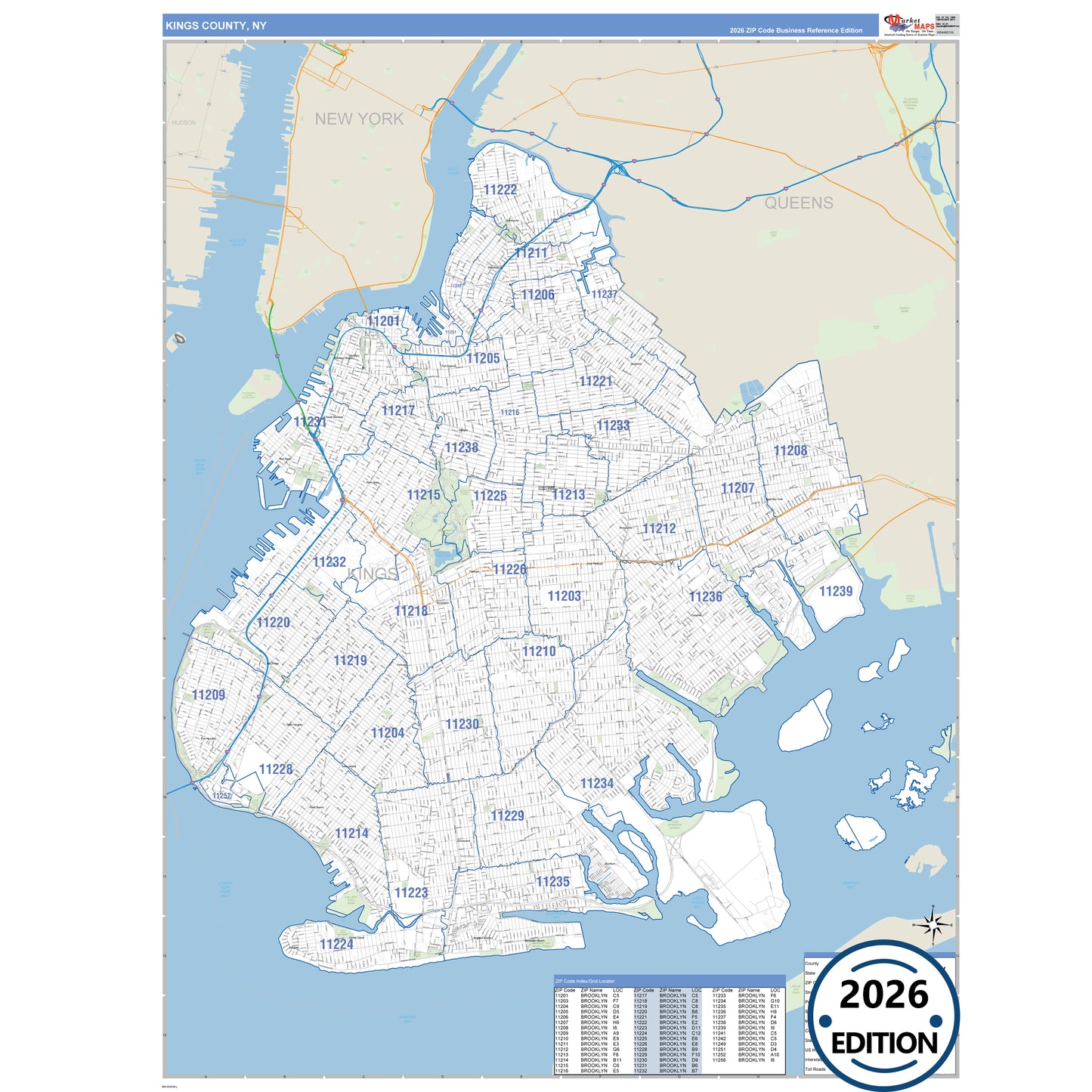 Kings County, NY Business Reference 5 Digit ZIP Code Wall Map