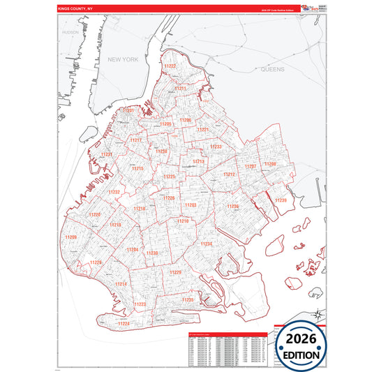 Kings County, NY Red Line 5 Digit ZIP Code Wall Map