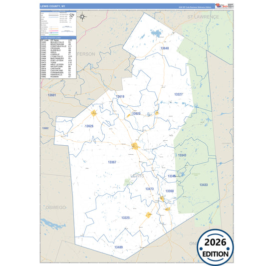 Lewis County, NY Business Reference 5 Digit ZIP Code Wall Map