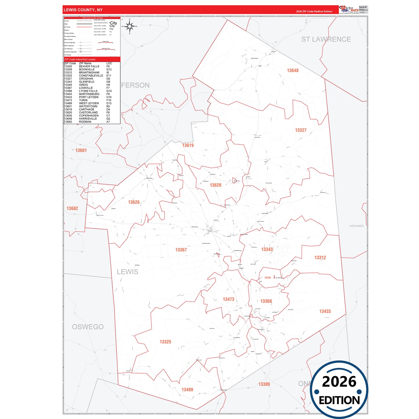 Lewis County, NY Red Line 5 Digit ZIP Code Wall Map
