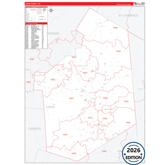 Lewis County, NY Red Line 5 Digit ZIP Code Wall Map