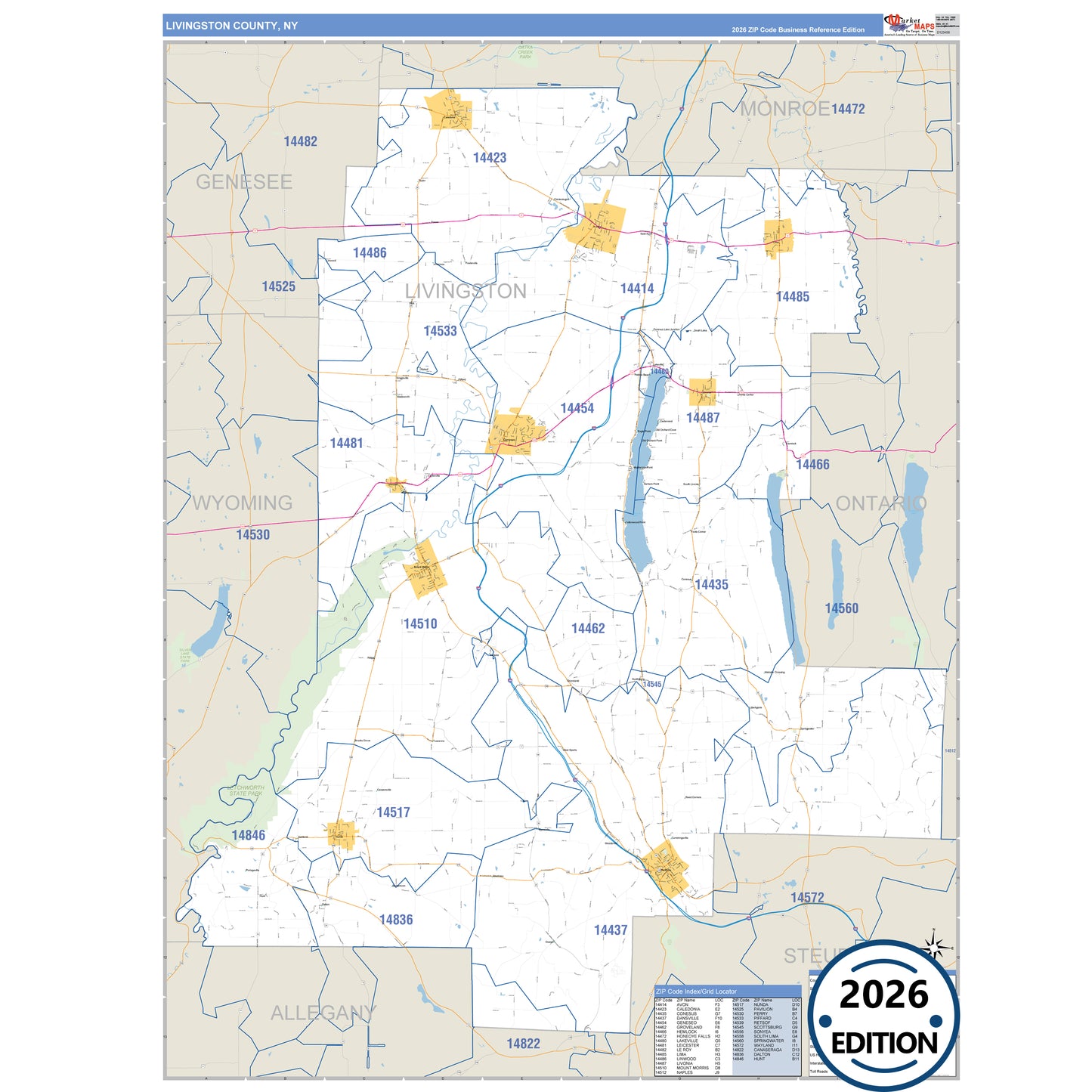 Livingston County, NY Business Reference 5 Digit ZIP Code Wall Map