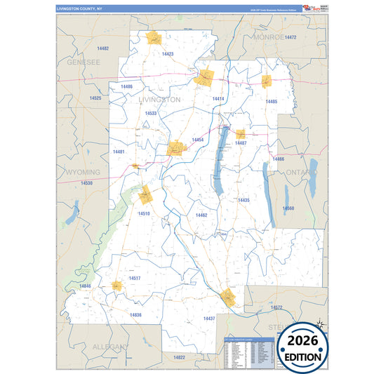 Livingston County, NY Business Reference 5 Digit ZIP Code Wall Map