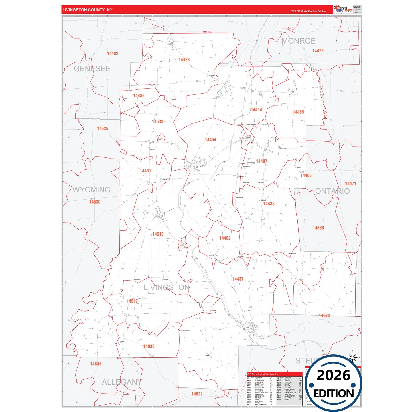 Livingston County, NY Red Line 5 Digit ZIP Code Wall Map