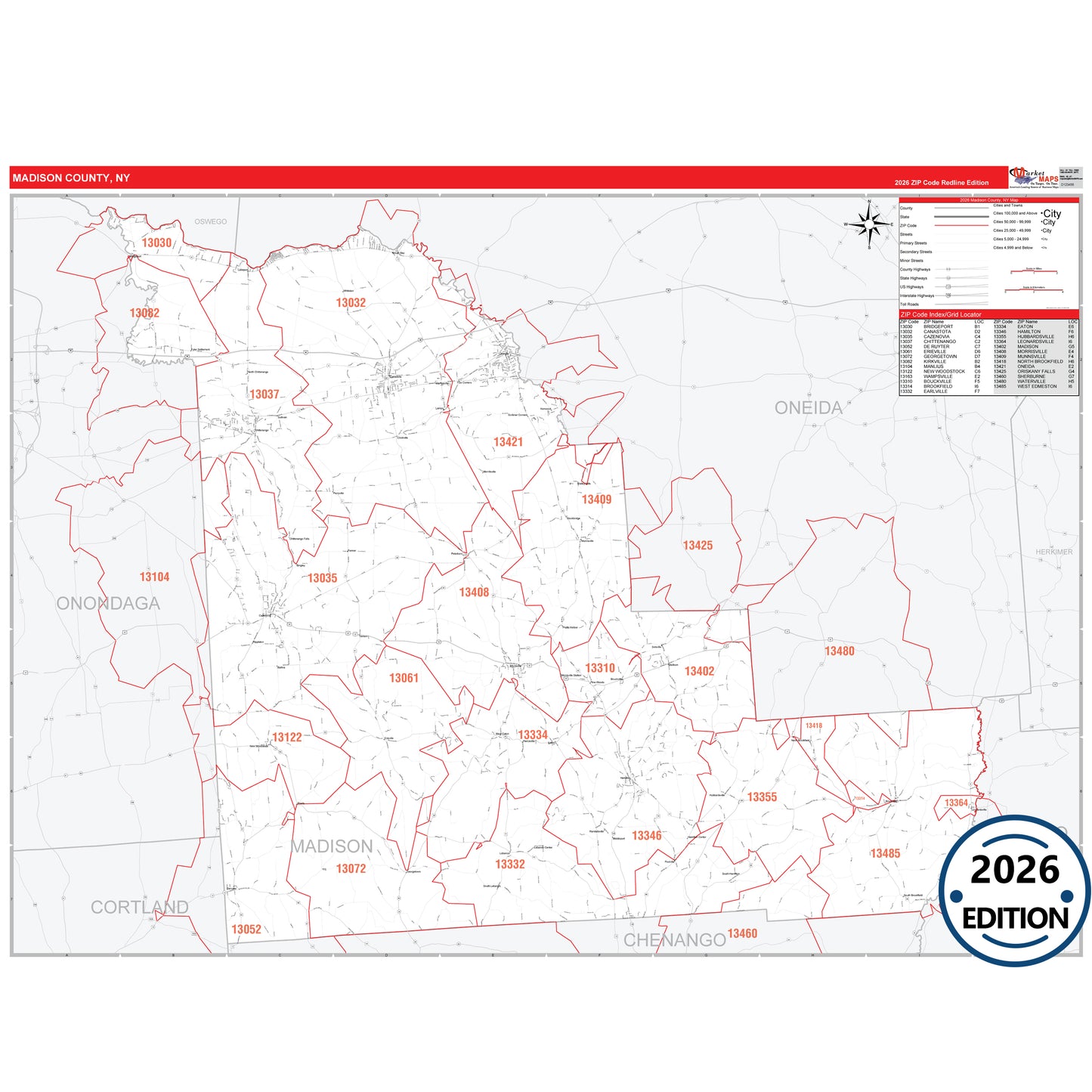 Madison County, NY Red Line 5 Digit ZIP Code Wall Map
