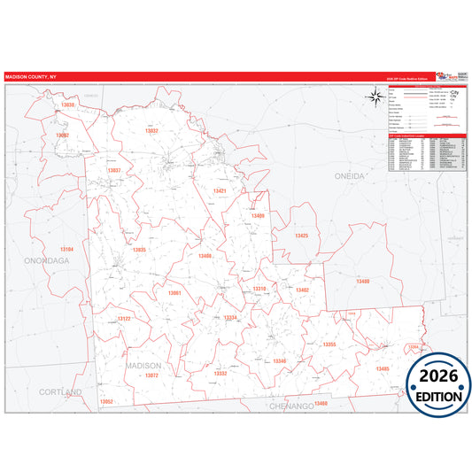 Madison County, NY Red Line 5 Digit ZIP Code Wall Map