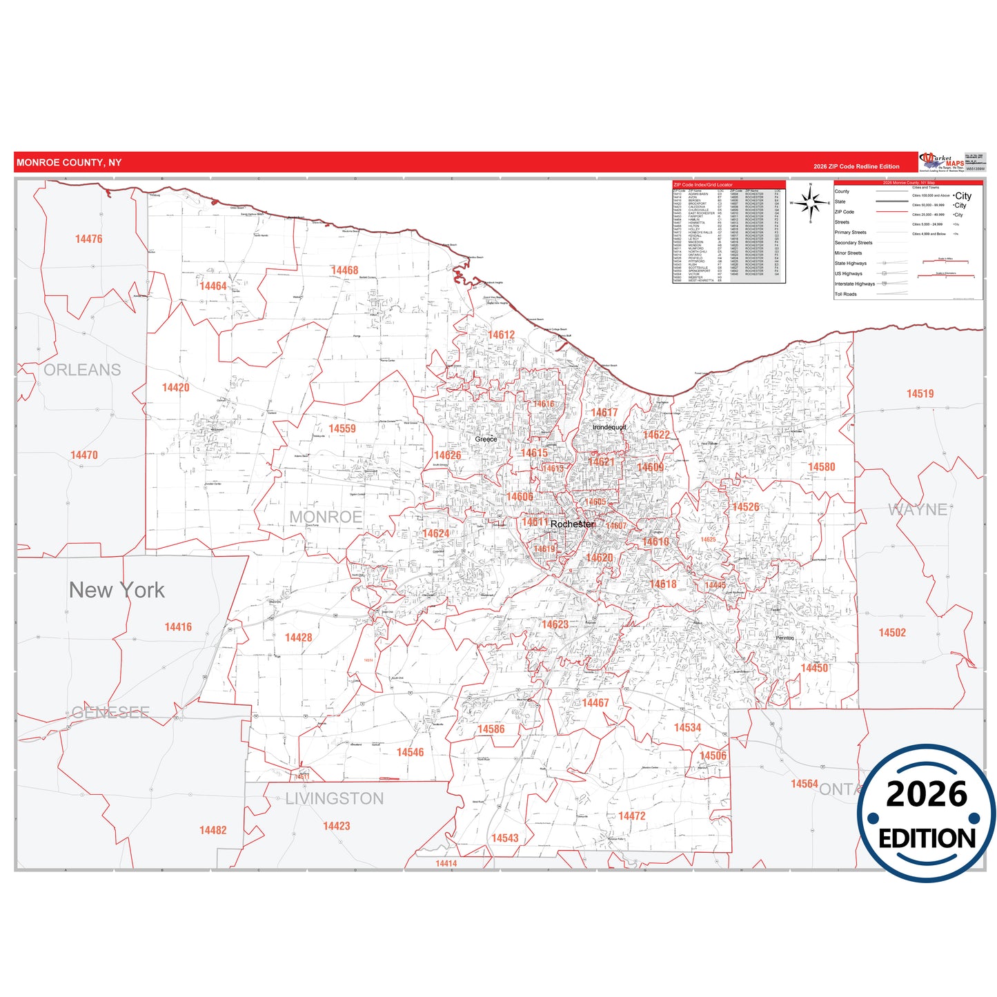 Monroe County, NY Red Line 5 Digit ZIP Code Wall Map