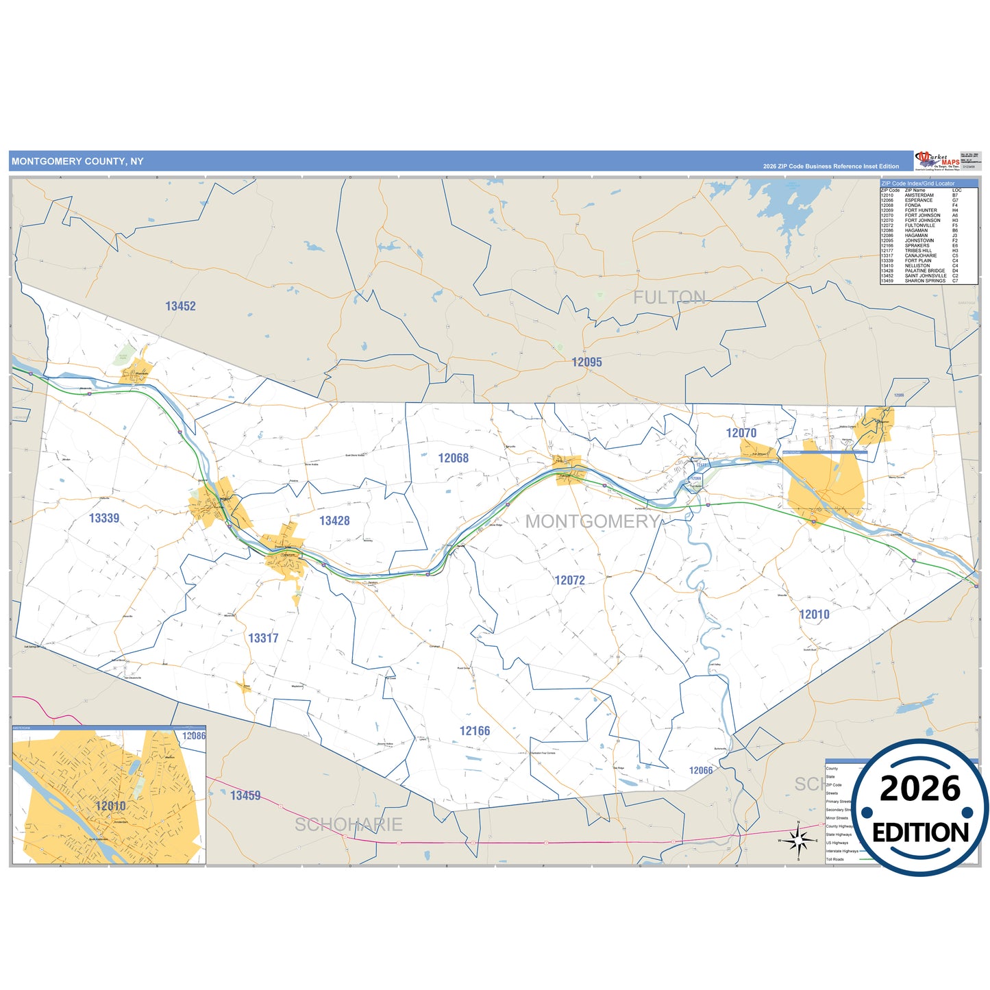 Montgomery County, NY Business Reference 5 Digit ZIP Code Wall Map