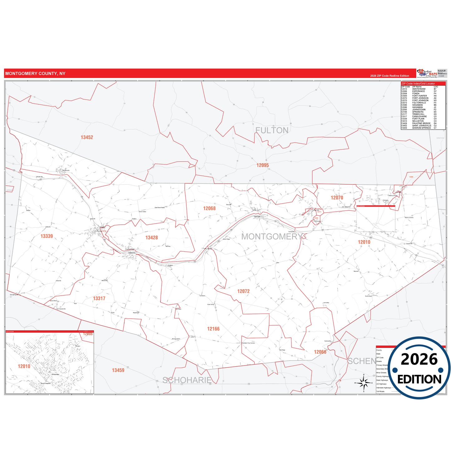 Montgomery County, NY Red Line 5 Digit ZIP Code Wall Map