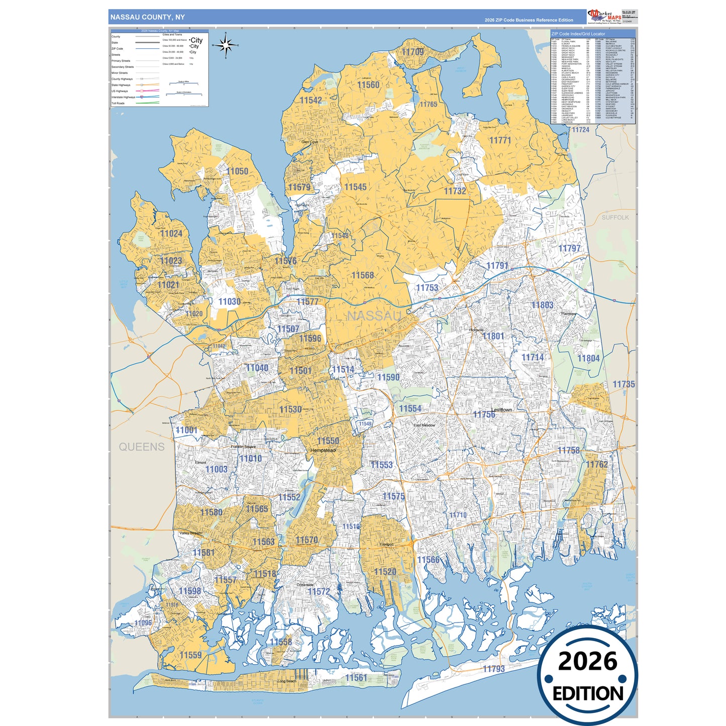 Nassau County, NY Business Reference 5 Digit ZIP Code Wall Map