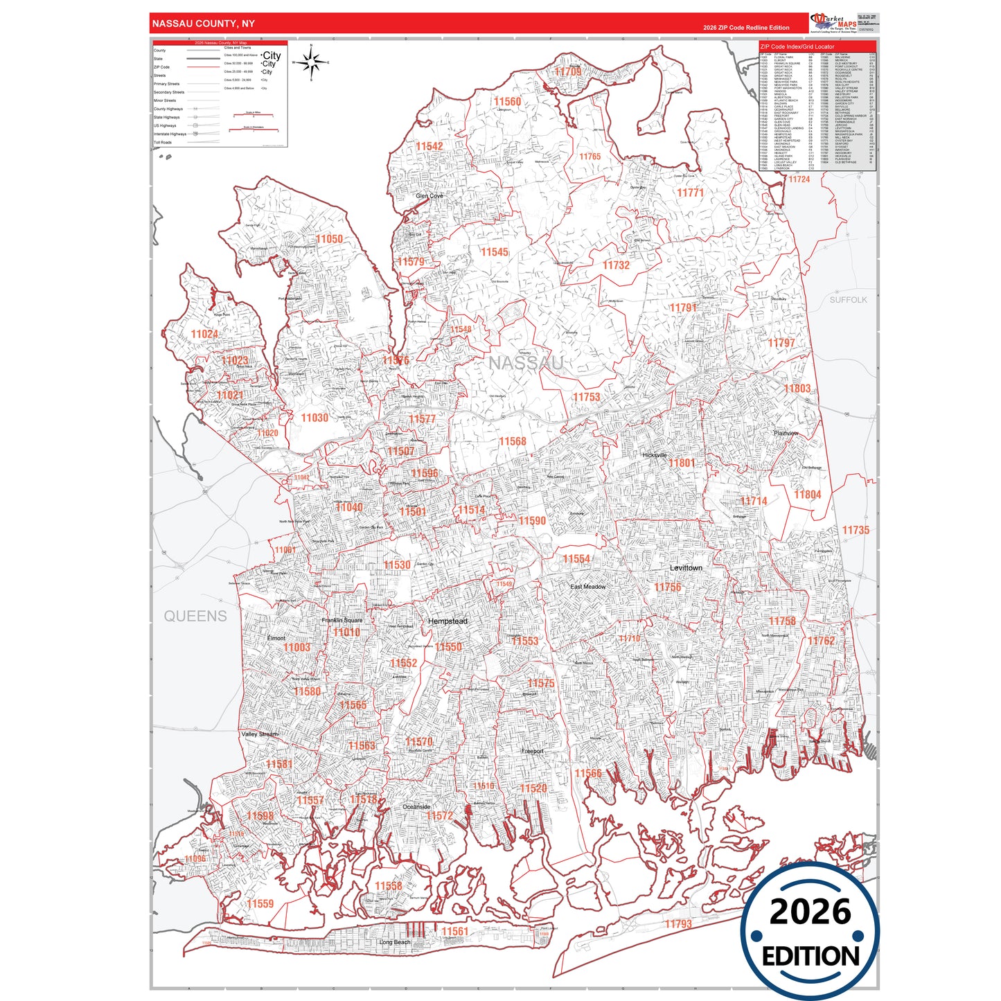 Nassau County, NY Red Line 5 Digit ZIP Code Wall Map
