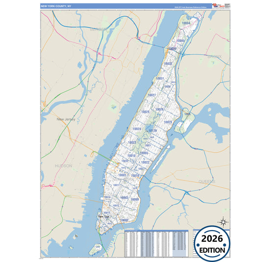 New York County, NY Business Reference 5 Digit ZIP Code Wall Map