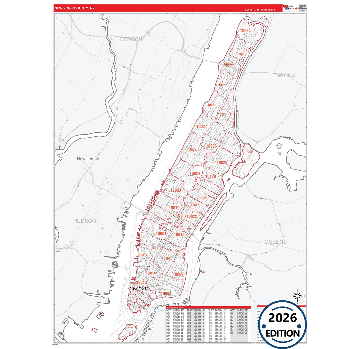 New York County, NY Red Line 5 Digit ZIP Code Wall Map