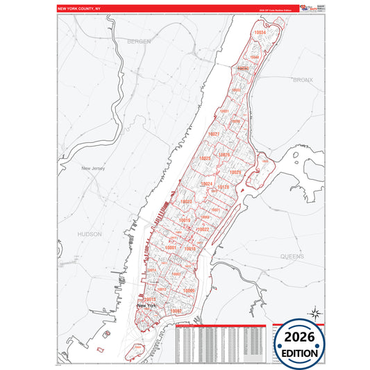 New York County, NY Red Line 5 Digit ZIP Code Wall Map