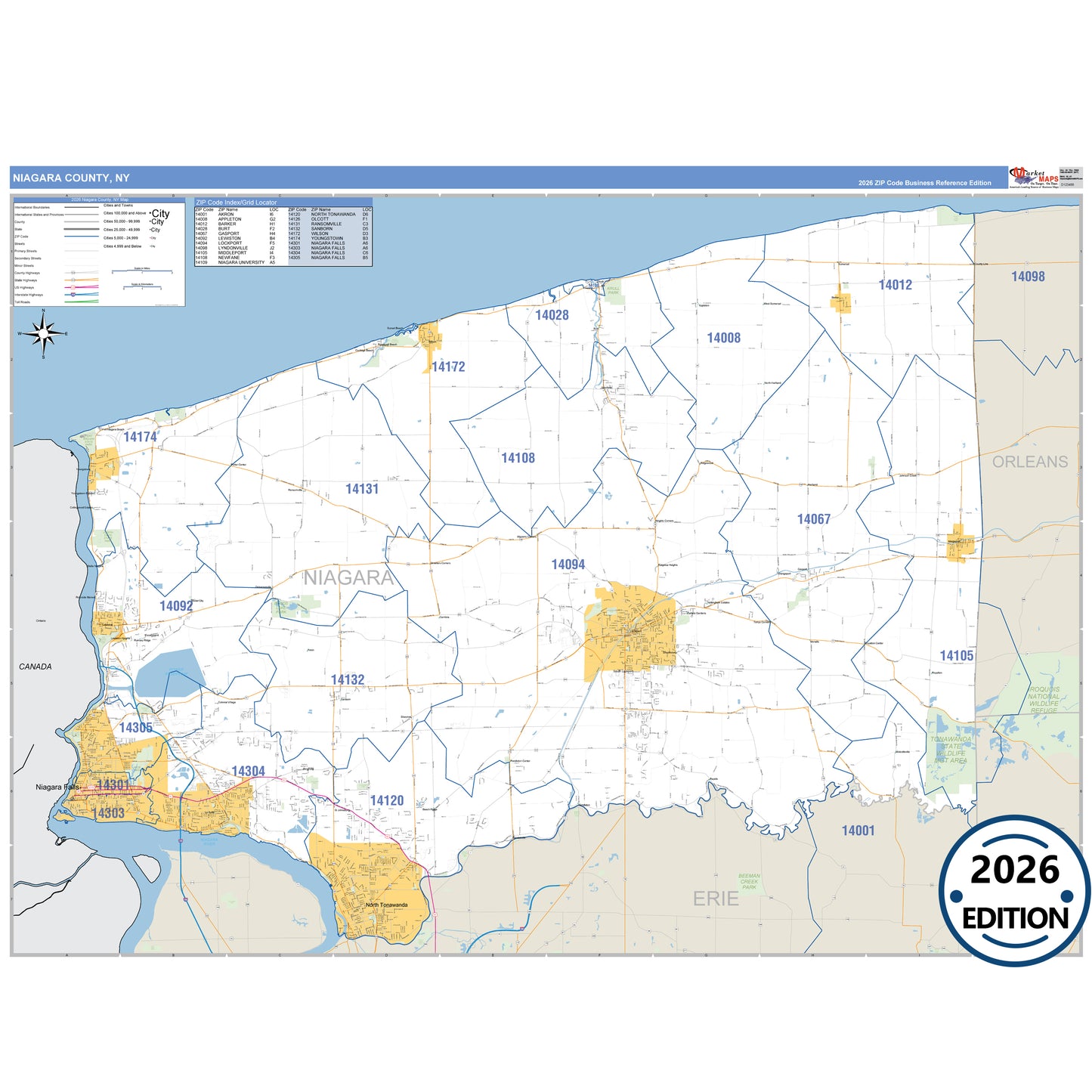 Niagara County, NY Business Reference 5 Digit ZIP Code Wall Map