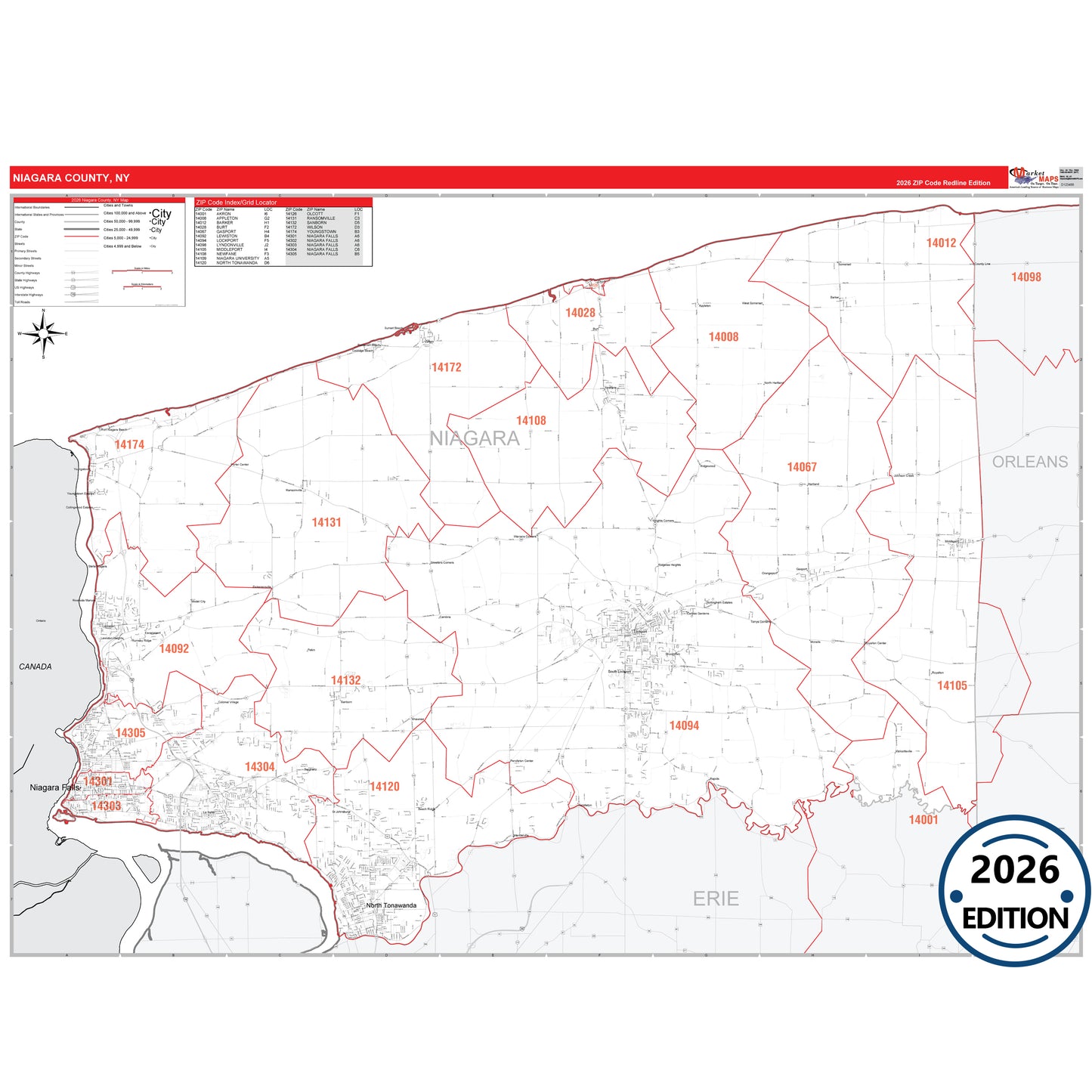 Niagara County, NY Red Line 5 Digit ZIP Code Wall Map