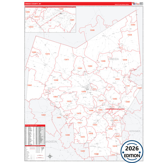 Oneida County, NY Red Line 5 Digit ZIP Code Wall Map