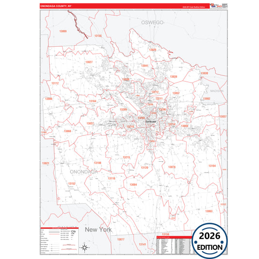 Onondaga County, NY Red Line 5 Digit ZIP Code Wall Map