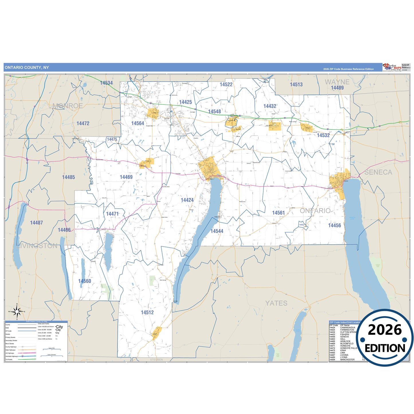 Ontario County, NY Business Reference 5 Digit ZIP Code Wall Map
