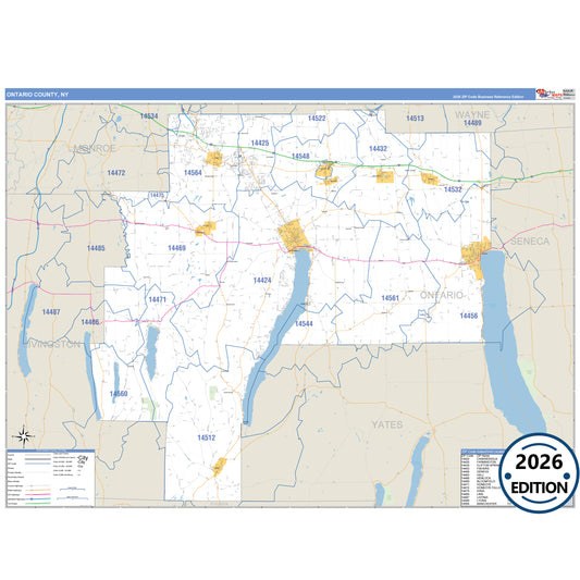 Ontario County, NY Business Reference 5 Digit ZIP Code Wall Map